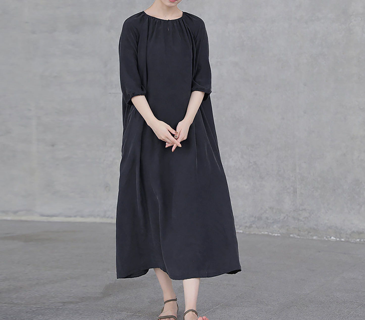 edoa Black Sand Washed Mulberry Silk Habotati Dress