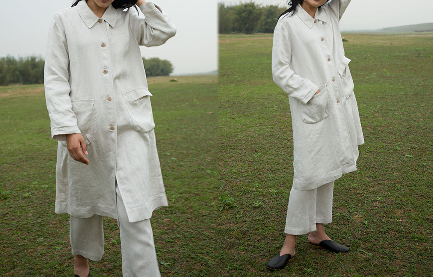 edoa Unisex Flax Linen Trench Coat