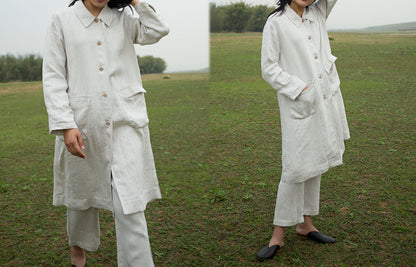 edoa Unisex Flax Linen Trench Coat