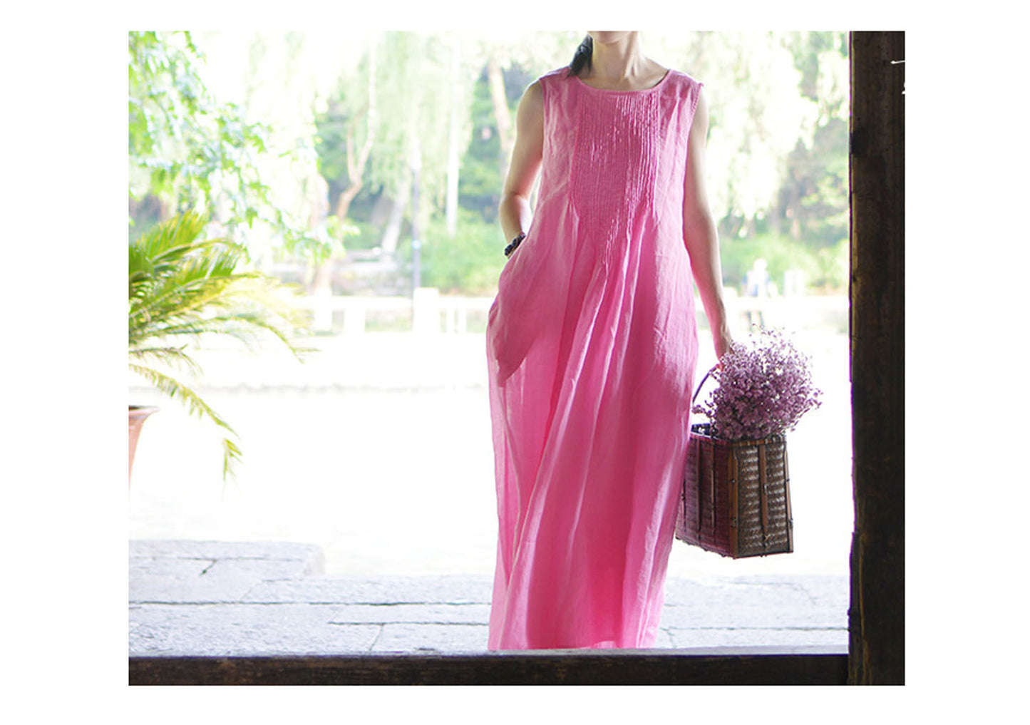 edoa Hand Pintucked Ramie Floor-length Tank Dress 