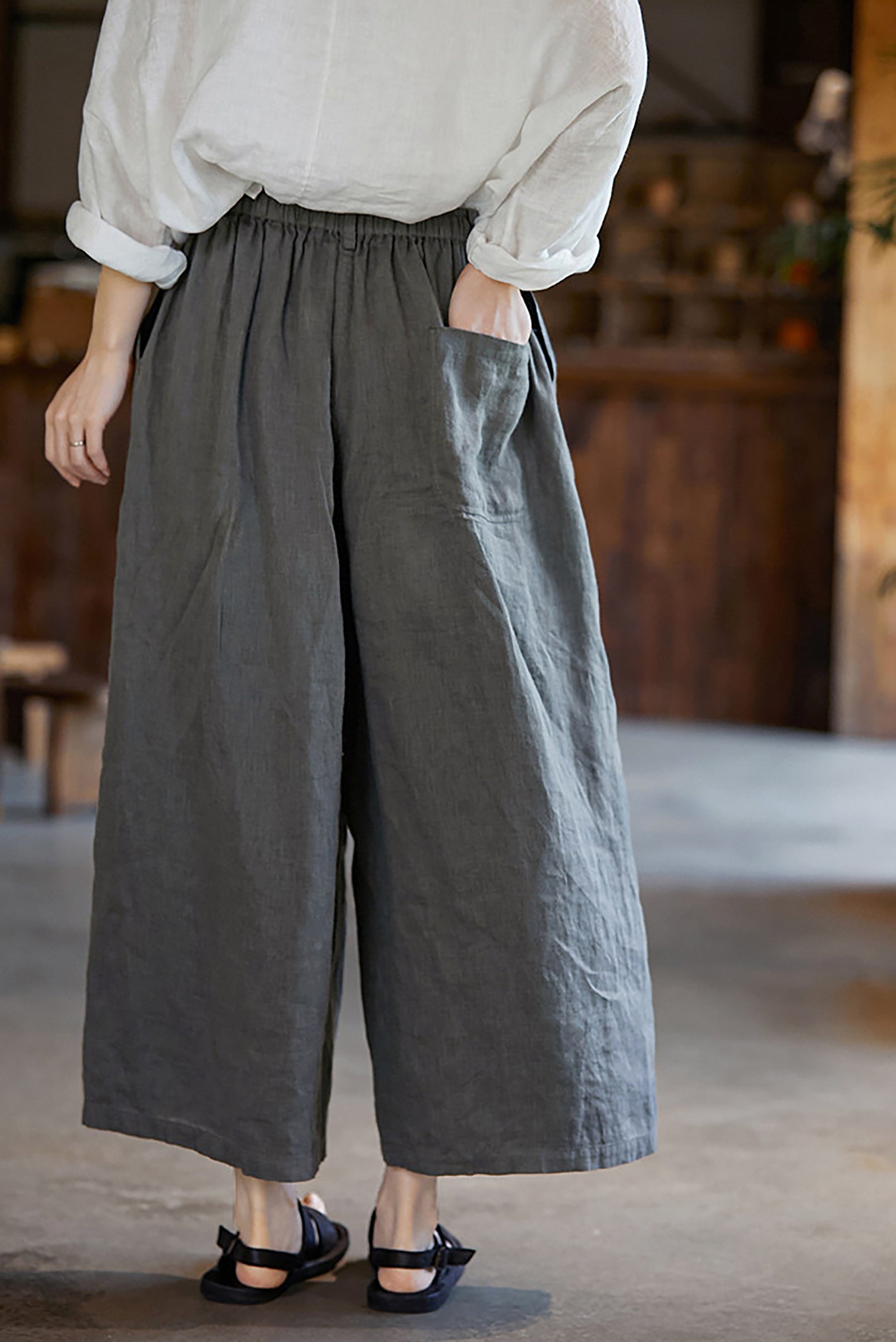 edoa Gray Linen Wide Leg Pants