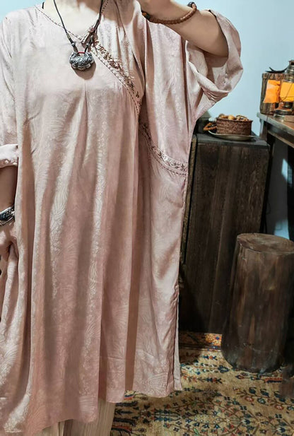 edoa Dusty Pink Mulberry Silk Sakura Jacquard Chinese Blouse