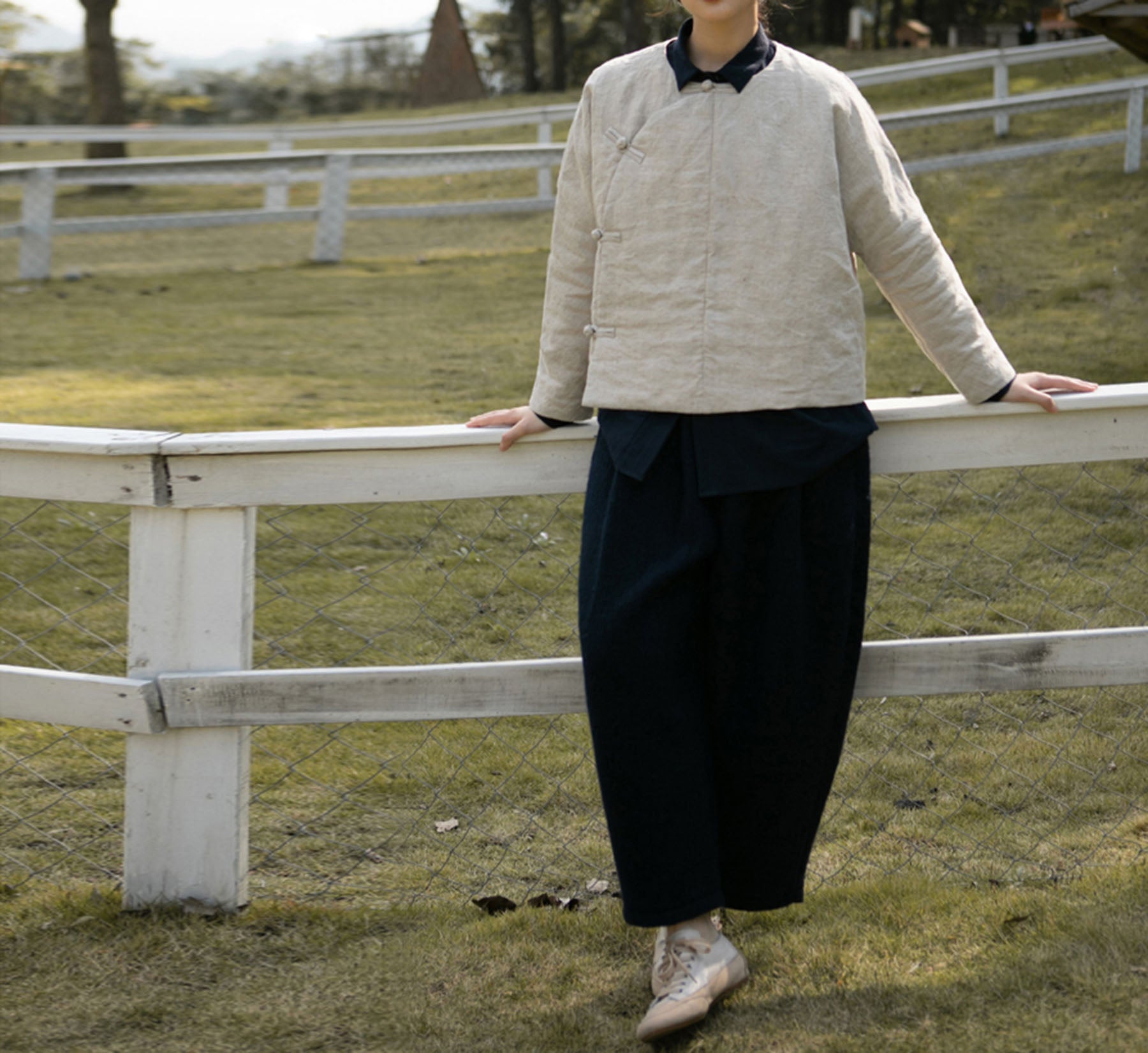 edoa Collarless Flax Linen Goose Down Chinese Jacket 