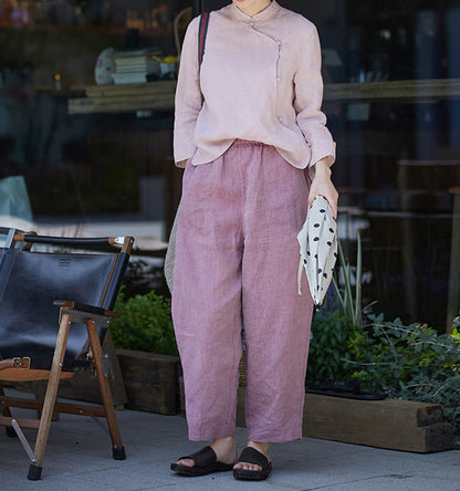 edoa Purplish Pink Linen Qipao Top