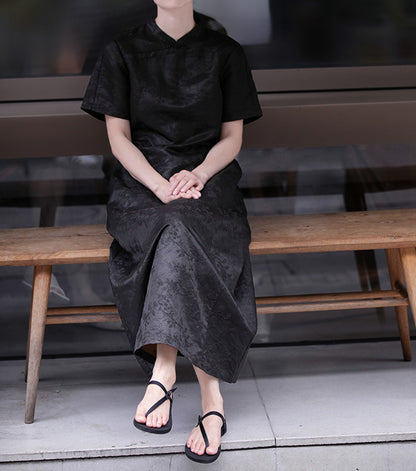 edoa Mud Silk Linen blend Jacquard Qipao