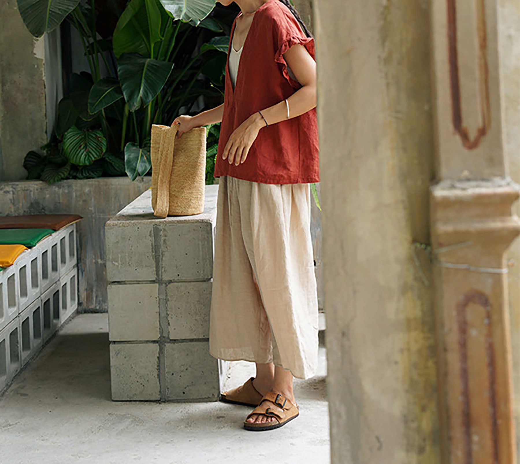 edoa Flax Linen Wide Leg Pants 