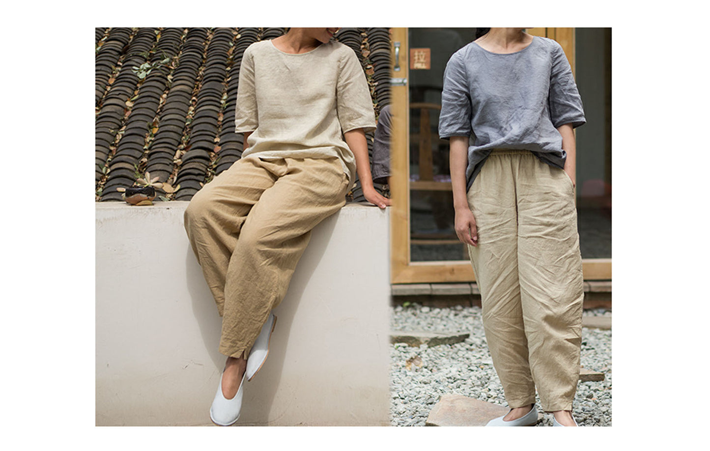 edoa Boyfriend Style French Linen Tapered Pants