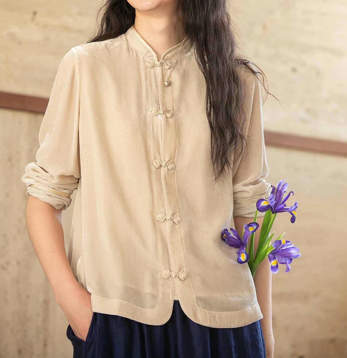 edoa Silk Velvet Chinese Blouse 