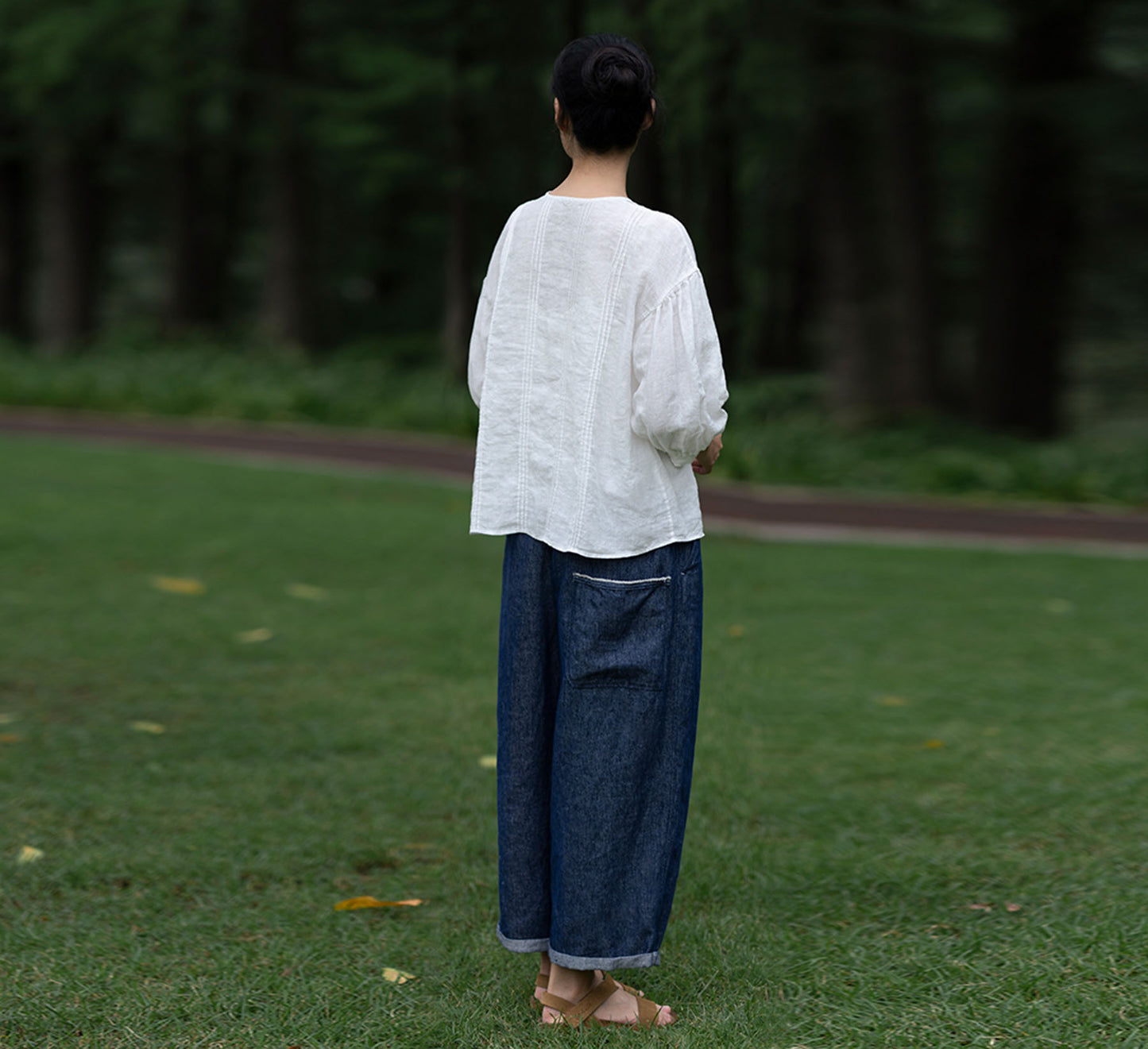 edoa Thin Linen Vertical Pin Tucks Blouse