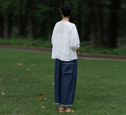 edoa Thin Linen Vertical Pin Tucks Blouse