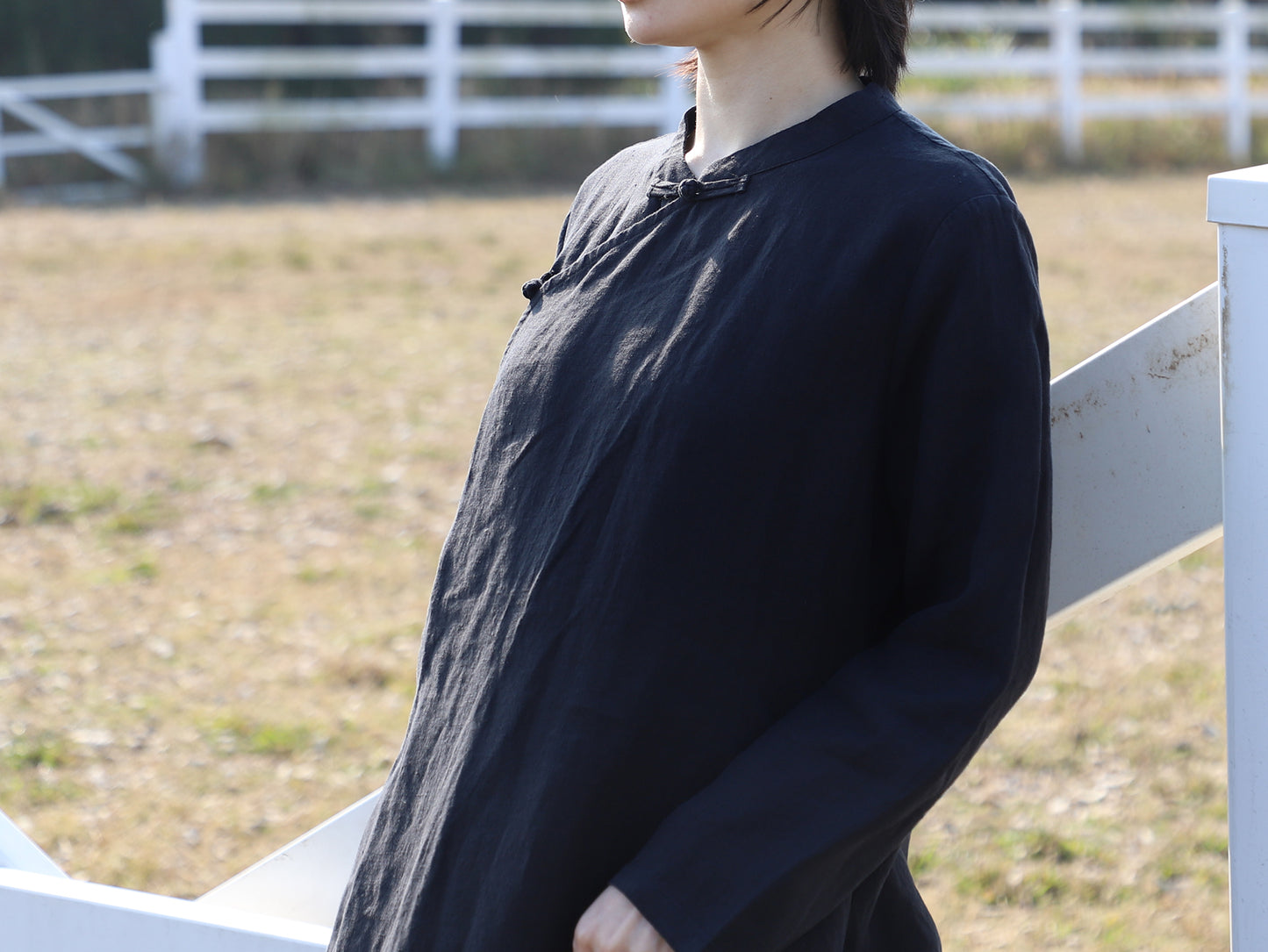edoa Loose Black Linen Wrap Qipao Dress
