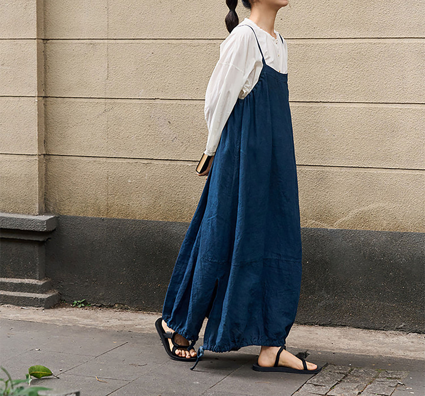 edoa Indigo Blue Linen Cocoon Shape Overall Dress