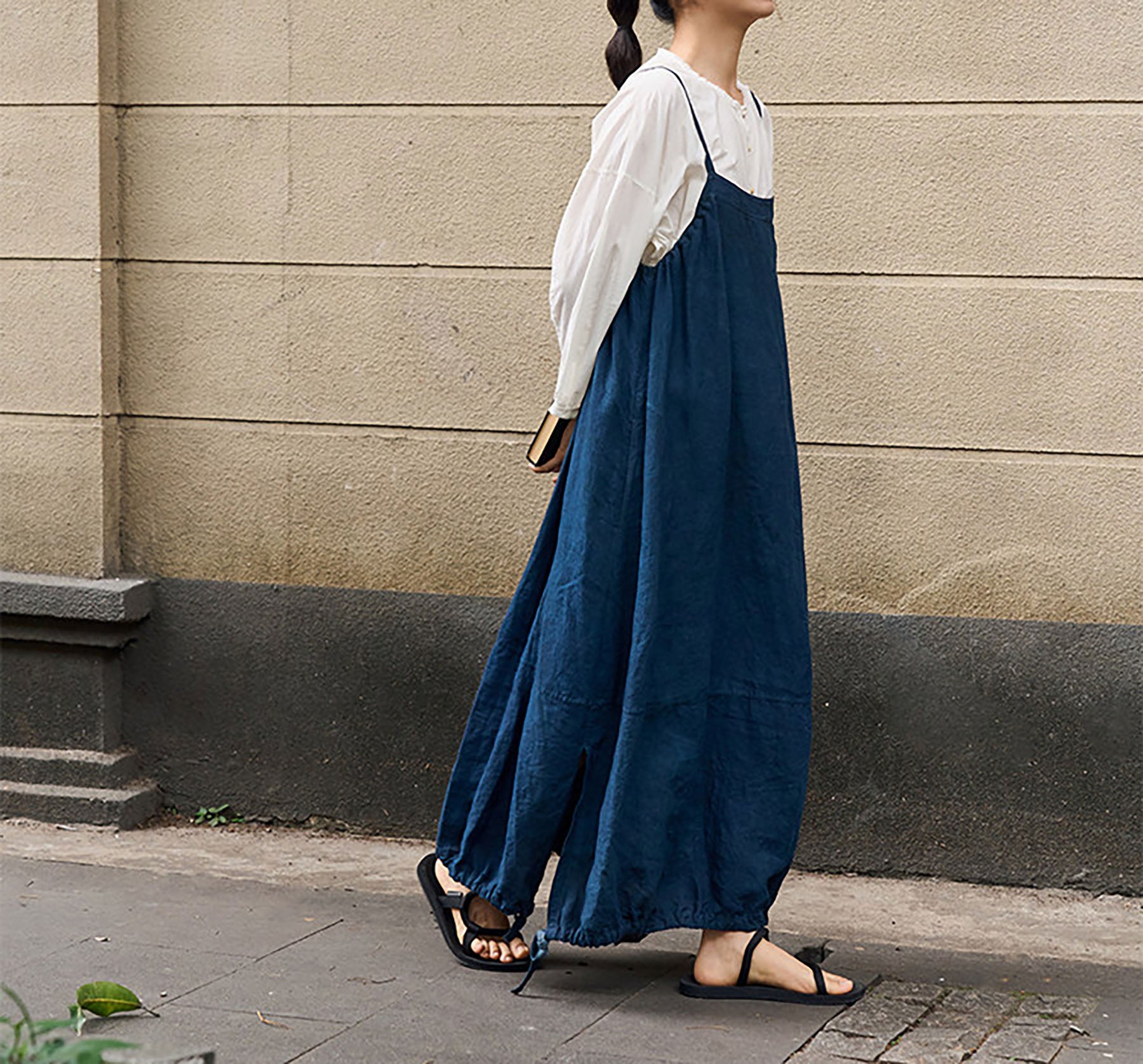 edoa Indigo Blue Linen Cocoon Shape Overall Dress