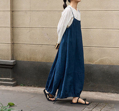 edoa Indigo Blue Linen Cocoon Shape Overall Dress