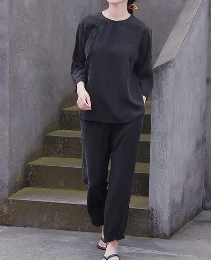 edoa Black Sand Washed Mulberry Silk Habotati Tapered Pants