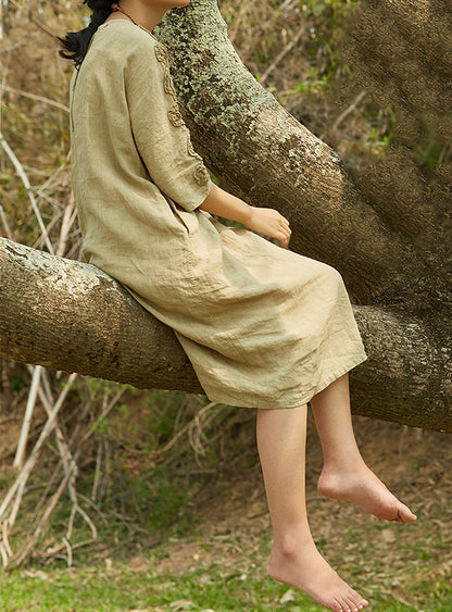 edoa Yarn Dyed Linen Tunic Dress with Handmade Tape embroidery