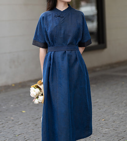 edoa Blue Cracked Mud Silk A-line Dress 