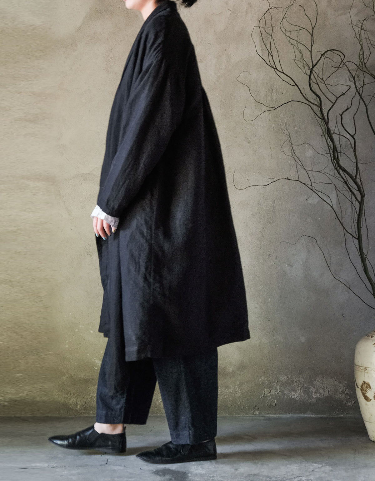 edoa Black Linen Shawl Collar Coat