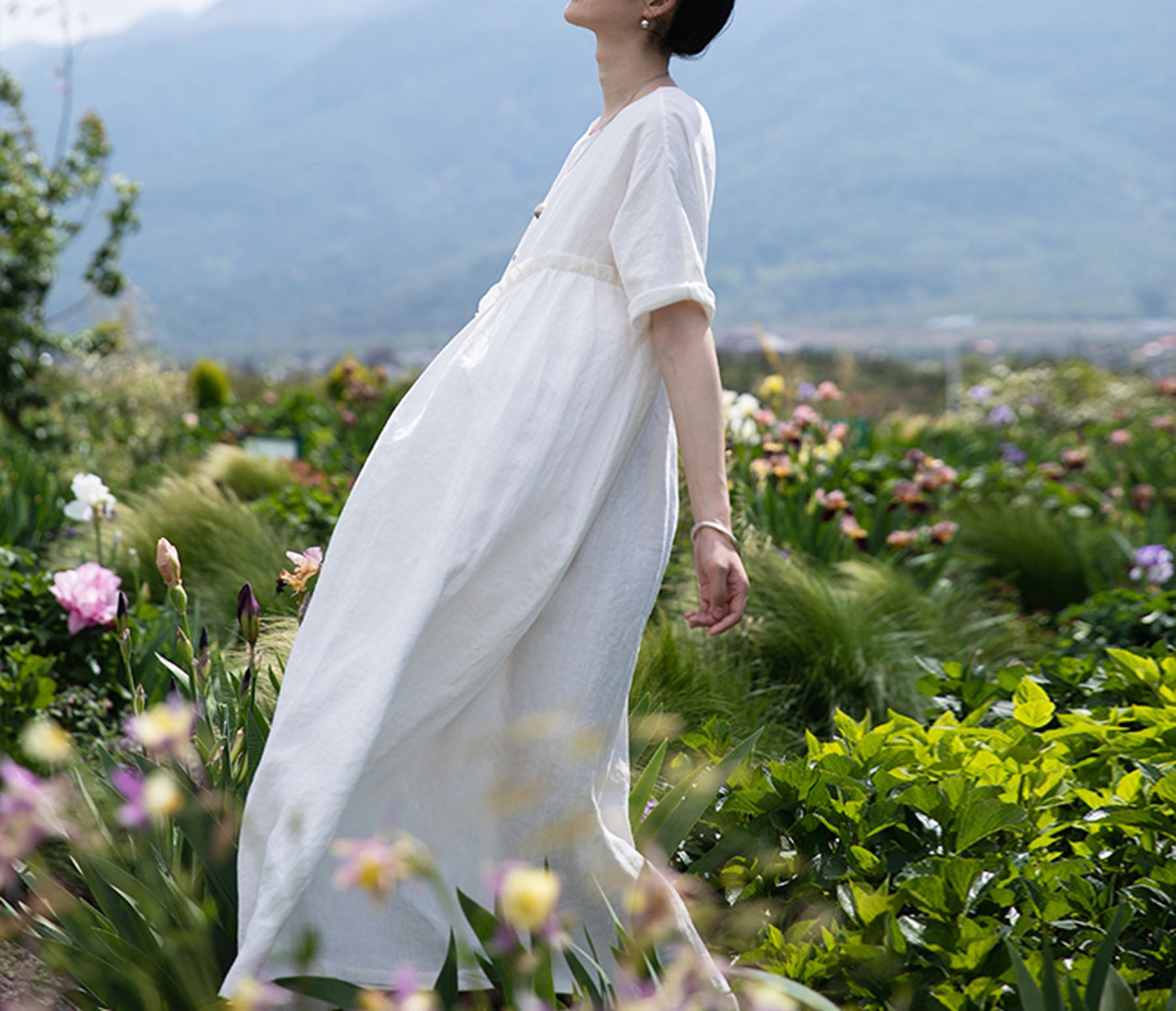 edoa High Waist Gathering Linen Maxi Dress