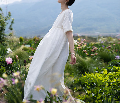 edoa High Waist Gathering Linen Maxi Dress
