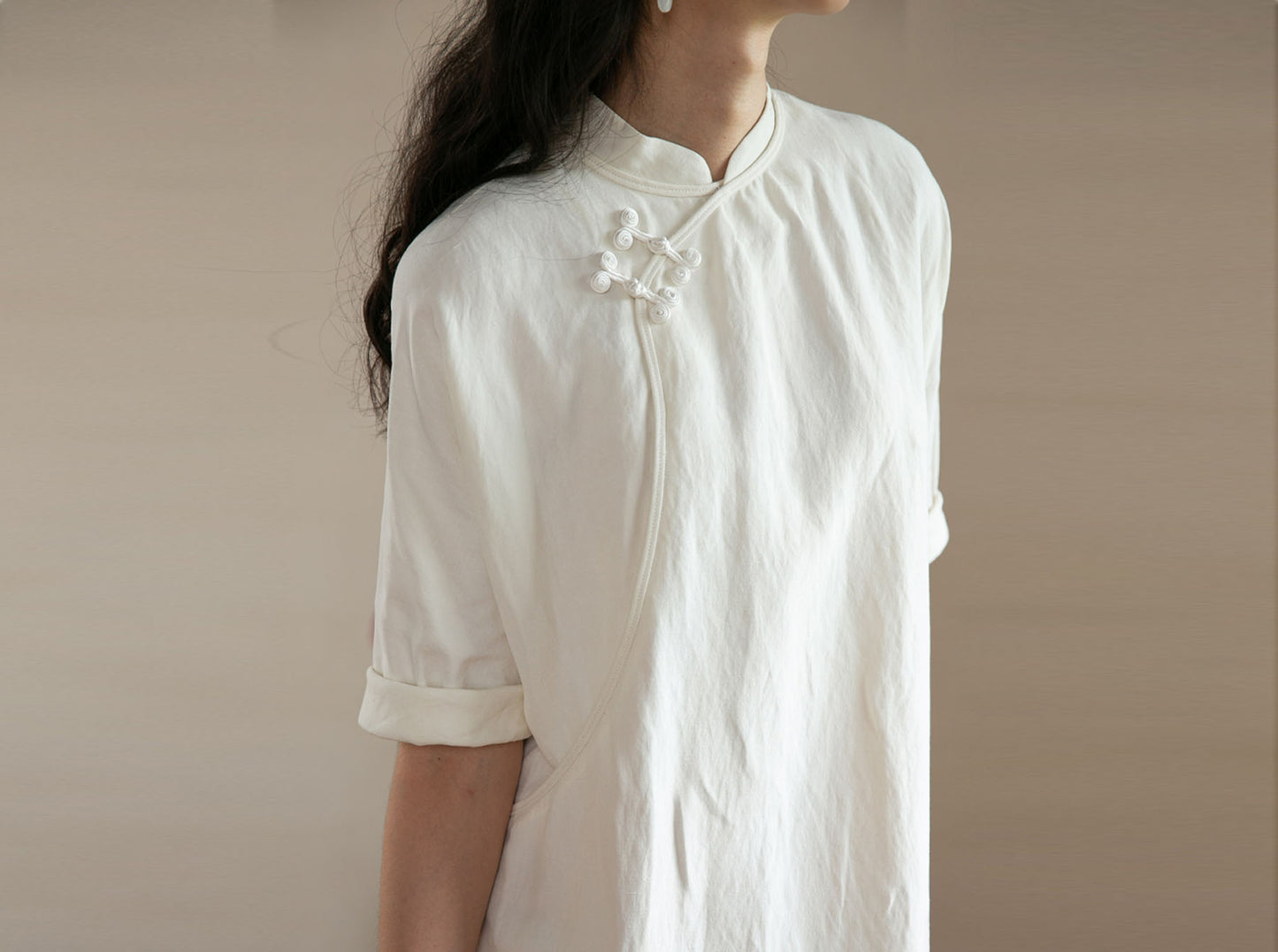 edoa Half Sleeves Silk Linen Blend Qipao
