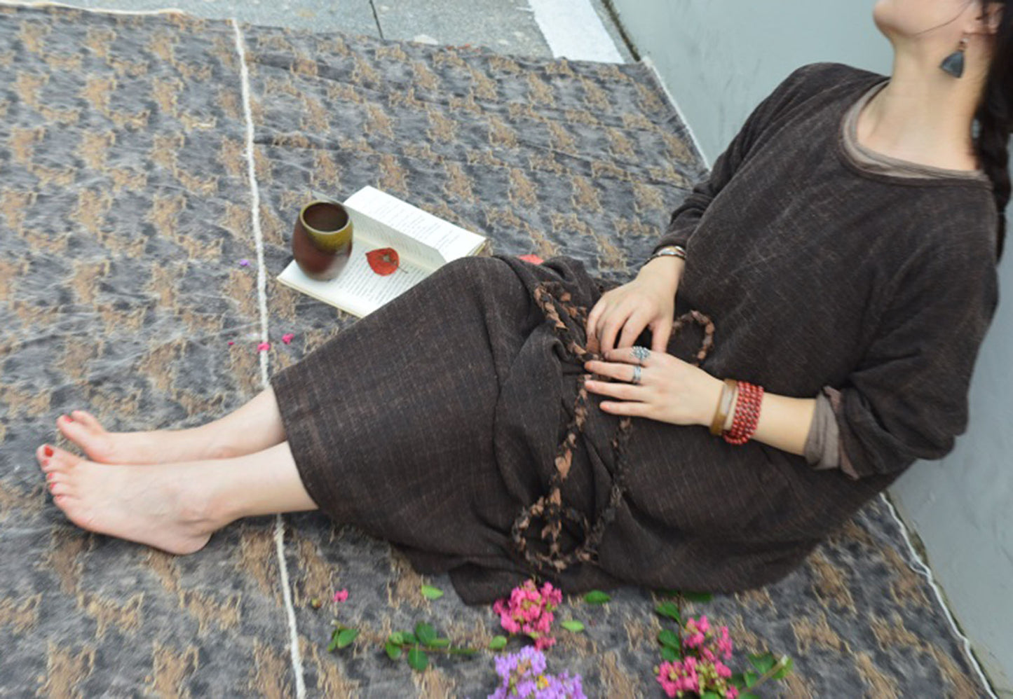 edoa Mud Tussah Silk Jacquard Loose Fitting Long Dress