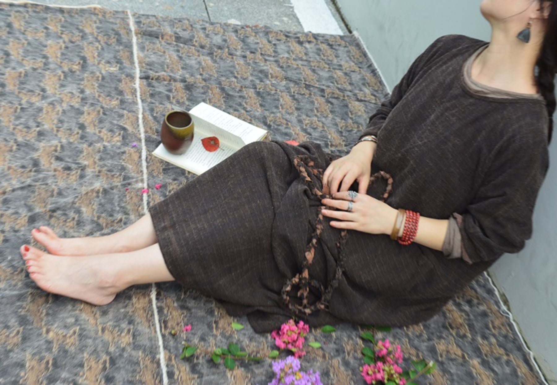 edoa Mud Tussah Silk Jacquard Loose Fitting Long Dress