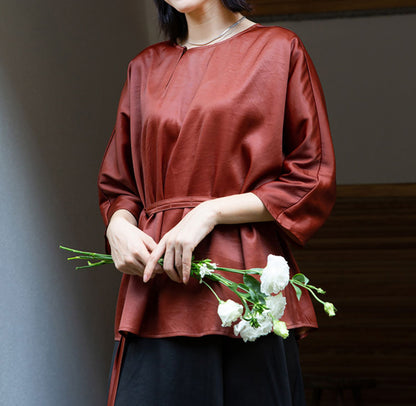 edoa Rust Mud Silk Satin Blouse 