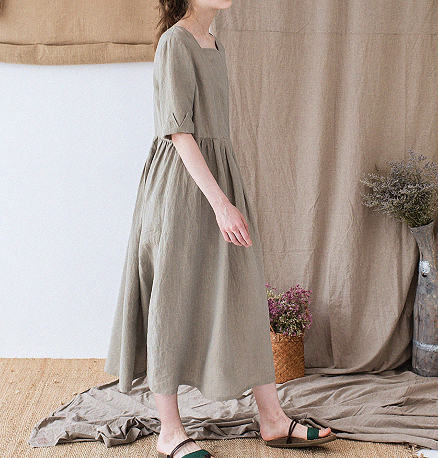 edoa Yarn dyed French Linen Square Neck Half Sleeve Dress