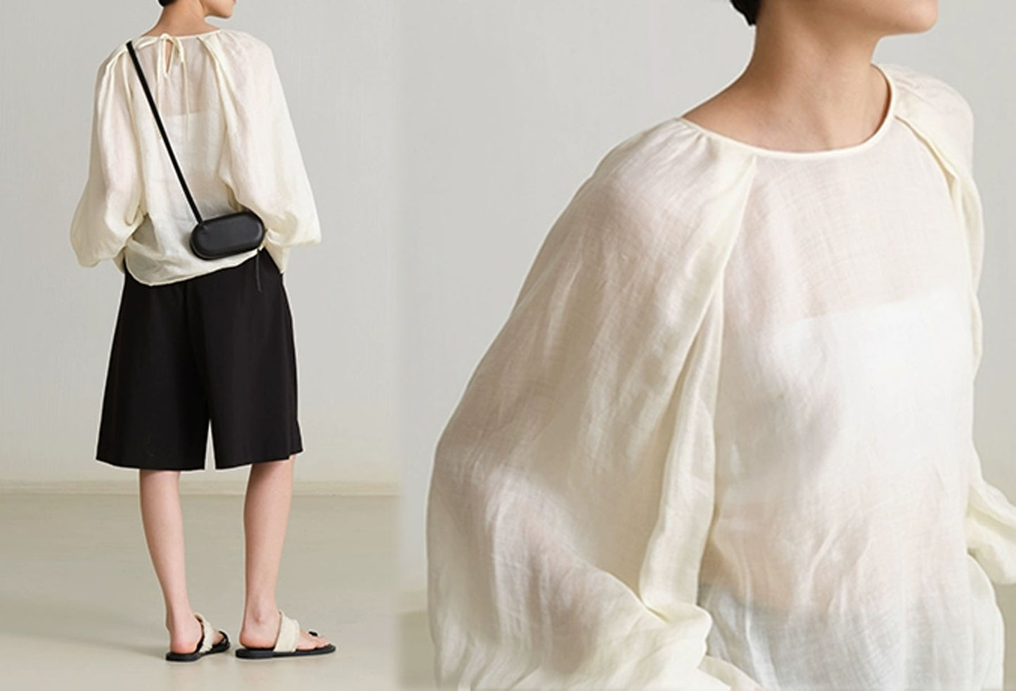 edoa Ramie Pleated Long Lantern Sleeve Blouse