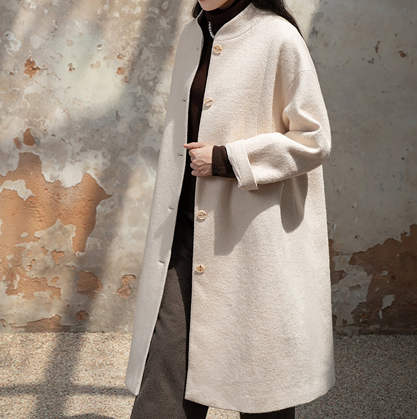 edoa White Winter Boiled Wool Chinese Coat