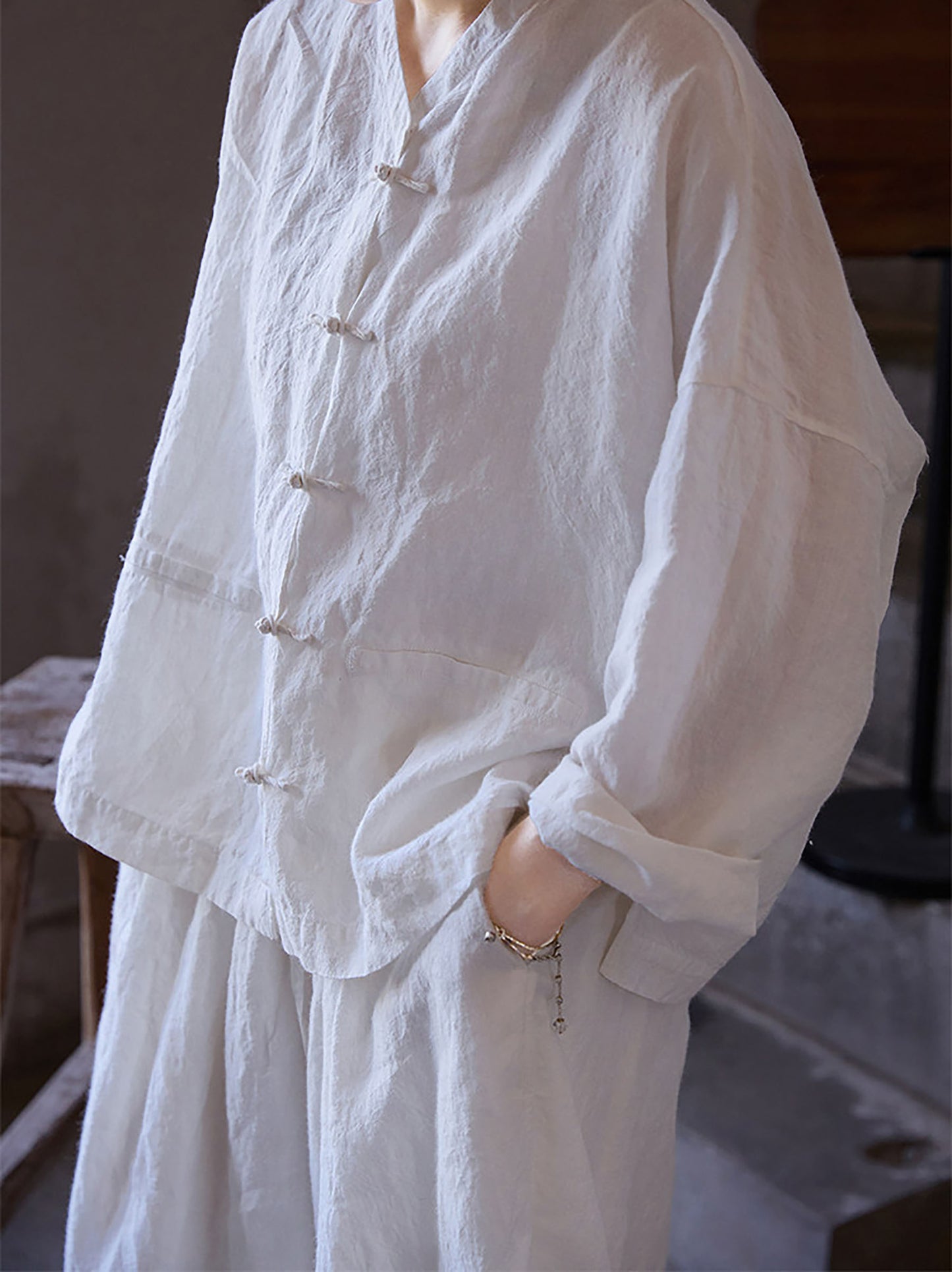 edoa Oversized Summer Oriental White Washed Ramie Chinese V-neck Button-up Shirt