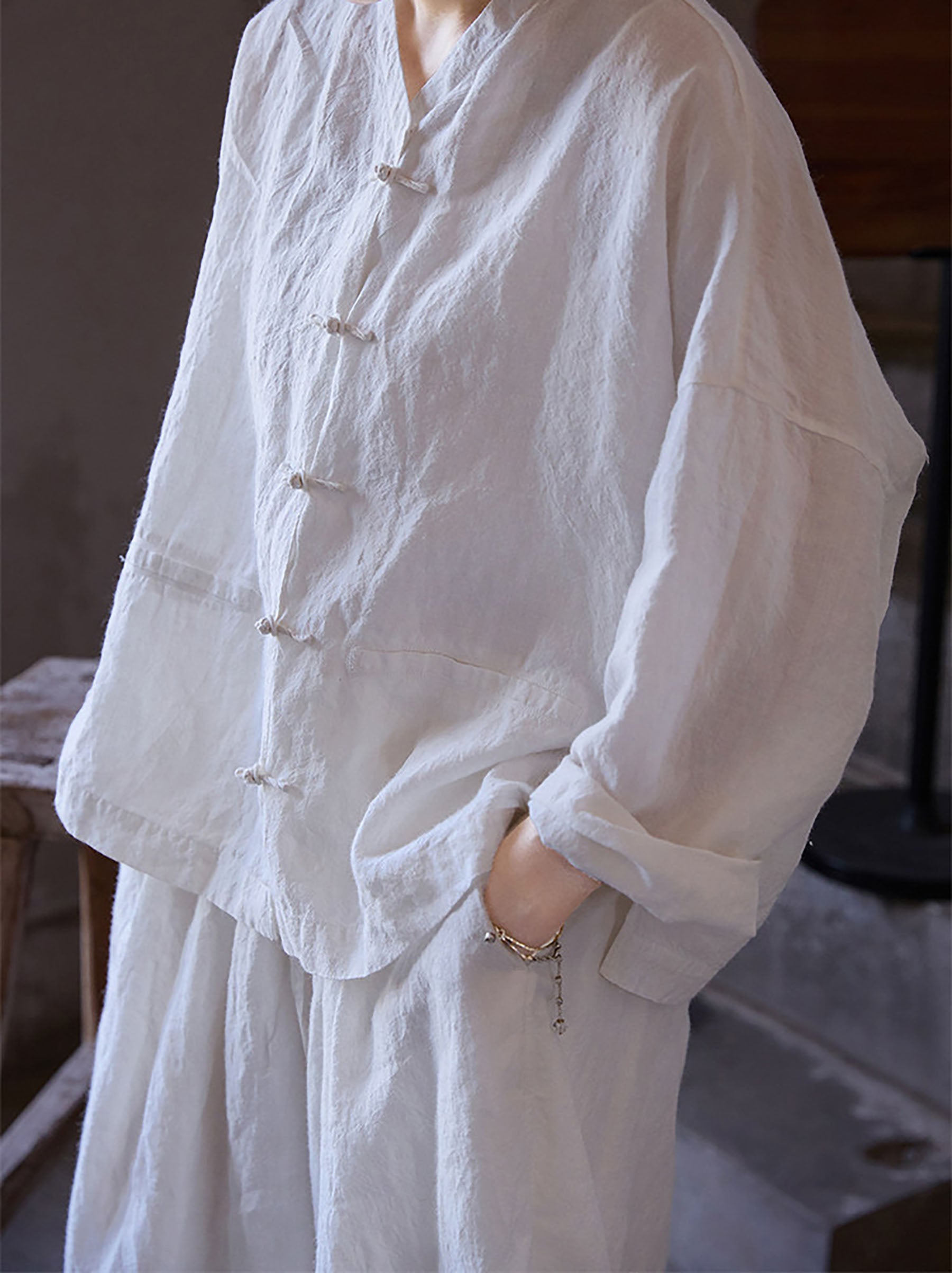 edoa Oversized Summer Oriental White Washed Ramie Chinese V-neck Button-up Shirt