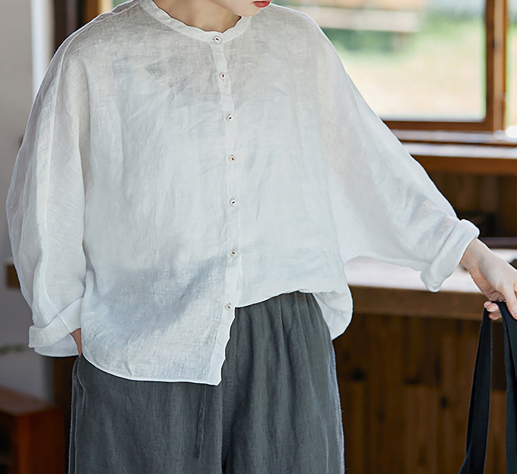 edoa Free Size Loose White Linen Petal Blouse 