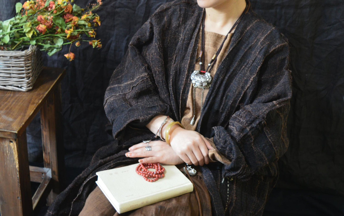 edoa Loose Fitting Persimmon Dyed Hand Woven Linen Cardigan Coat 