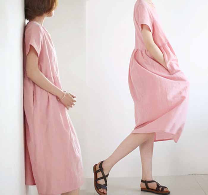 edoa Ramie Short Sleeve Loose Dress