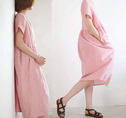 edoa Ramie Short Sleeve Loose Dress