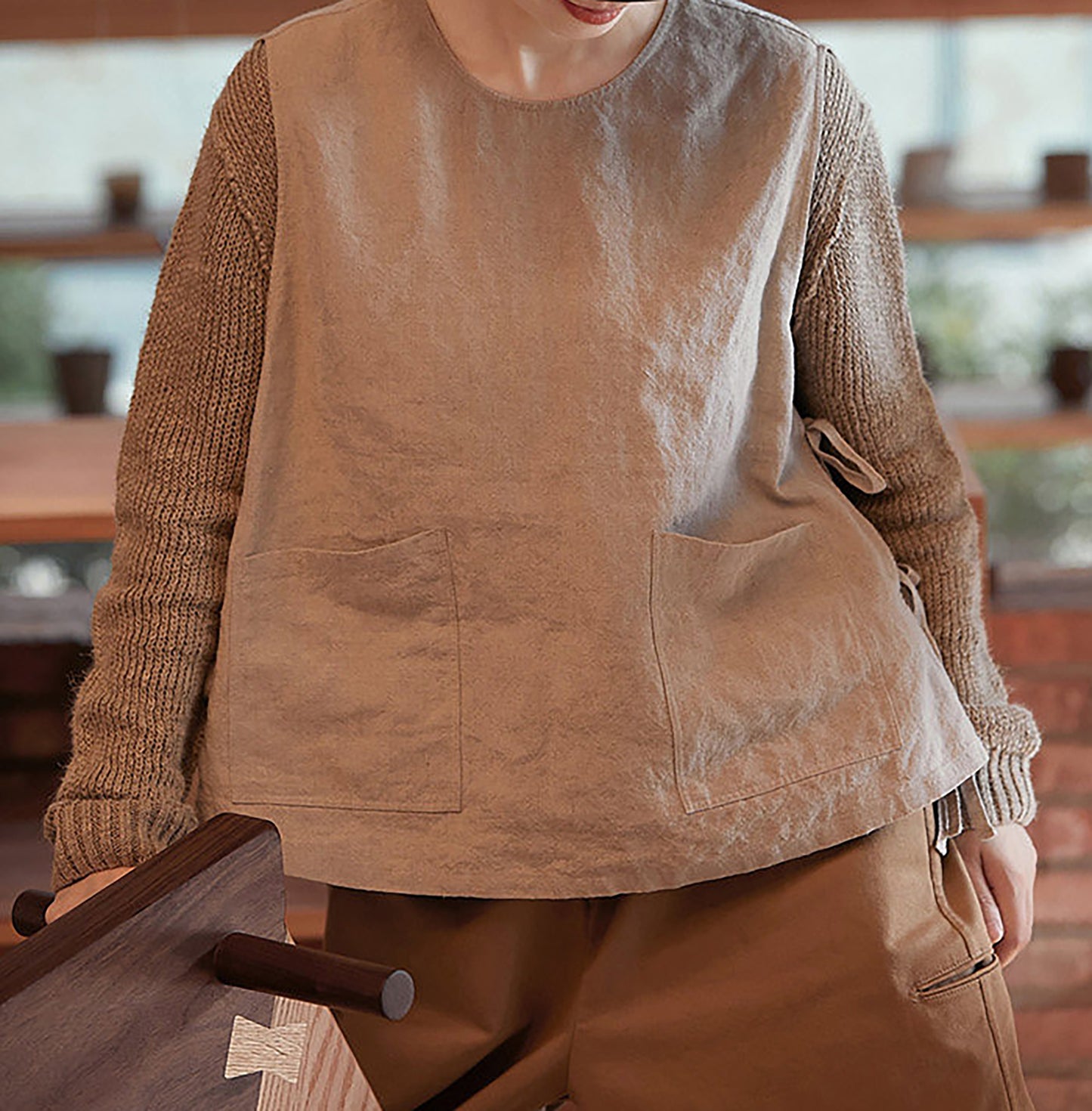 edoa Loose Flax Linen Two-piece Pullover Tie Vest
