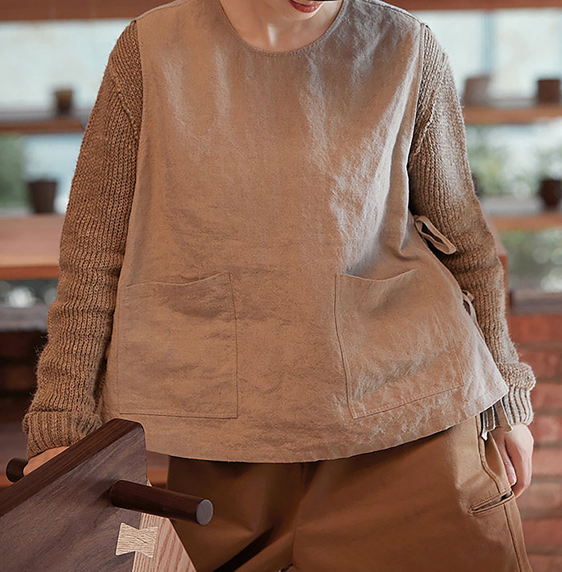 edoa Loose Flax Linen Two-piece Pullover Tie Vest