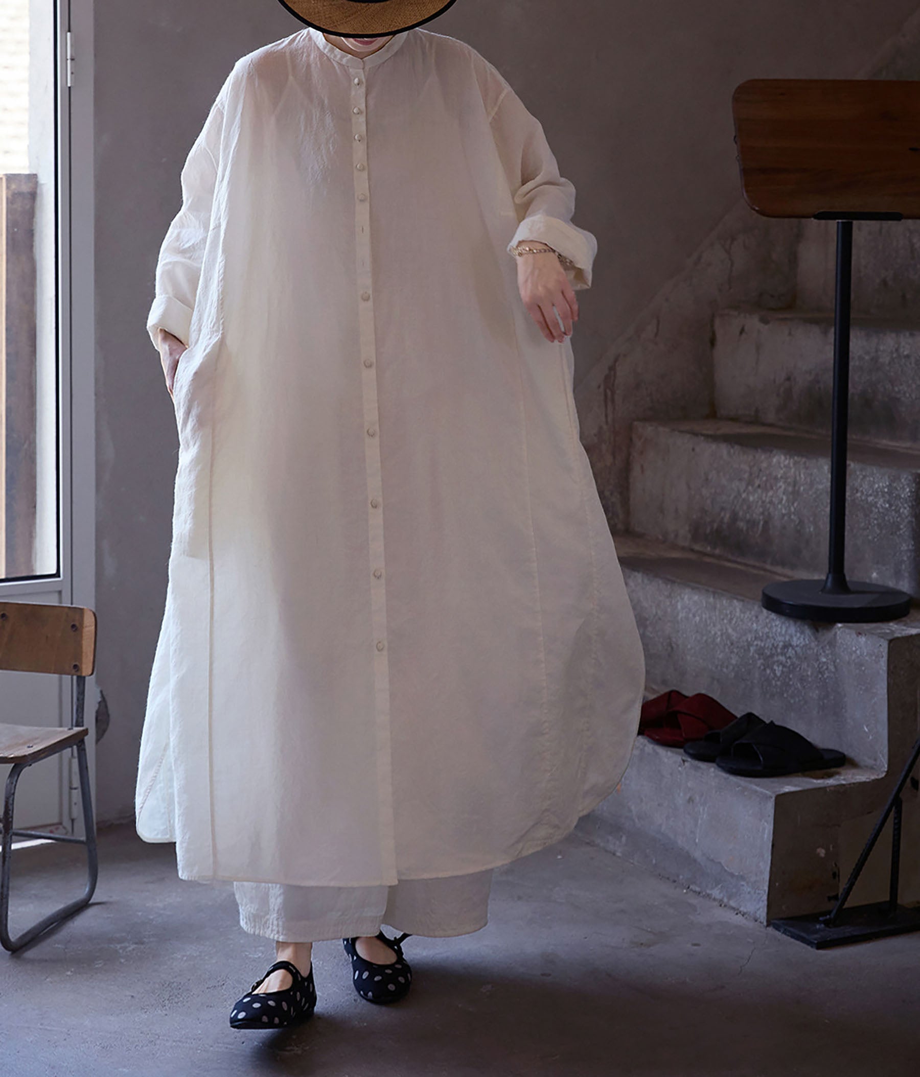 edoa Oversized White Washed Ramie Lightweight Chinese Button Down Shirt Dress