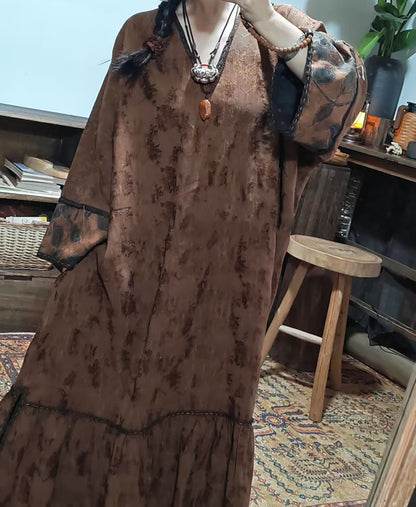 Mud Silk Linen Blend Jacquard V-neck Ruffled Hem Tunic Dress dr0402 X334