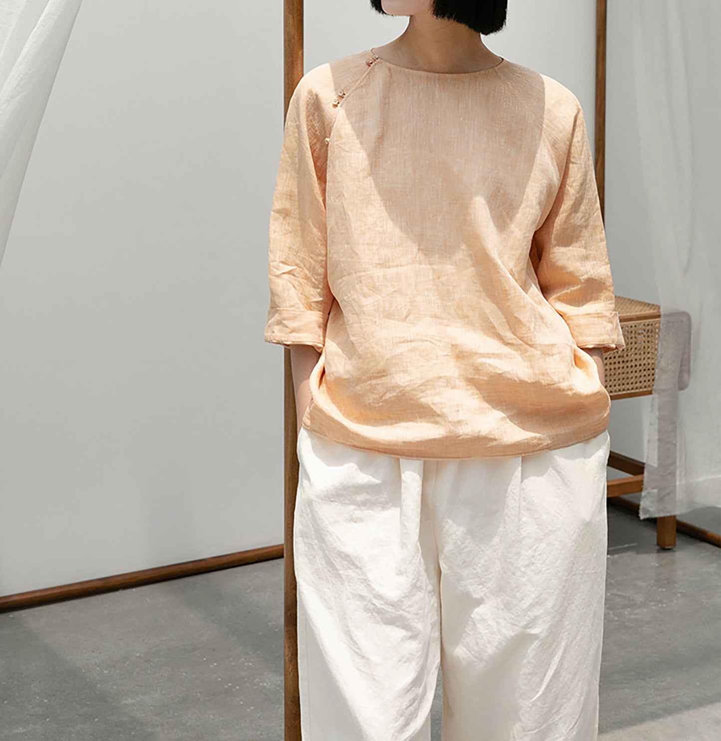 edoa  Loose Fit Yarn Dyed Linen Chinese T-shirt