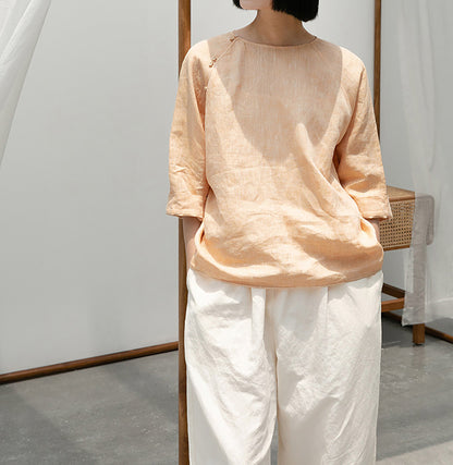 edoa  Loose Fit Yarn Dyed Linen Chinese T-shirt