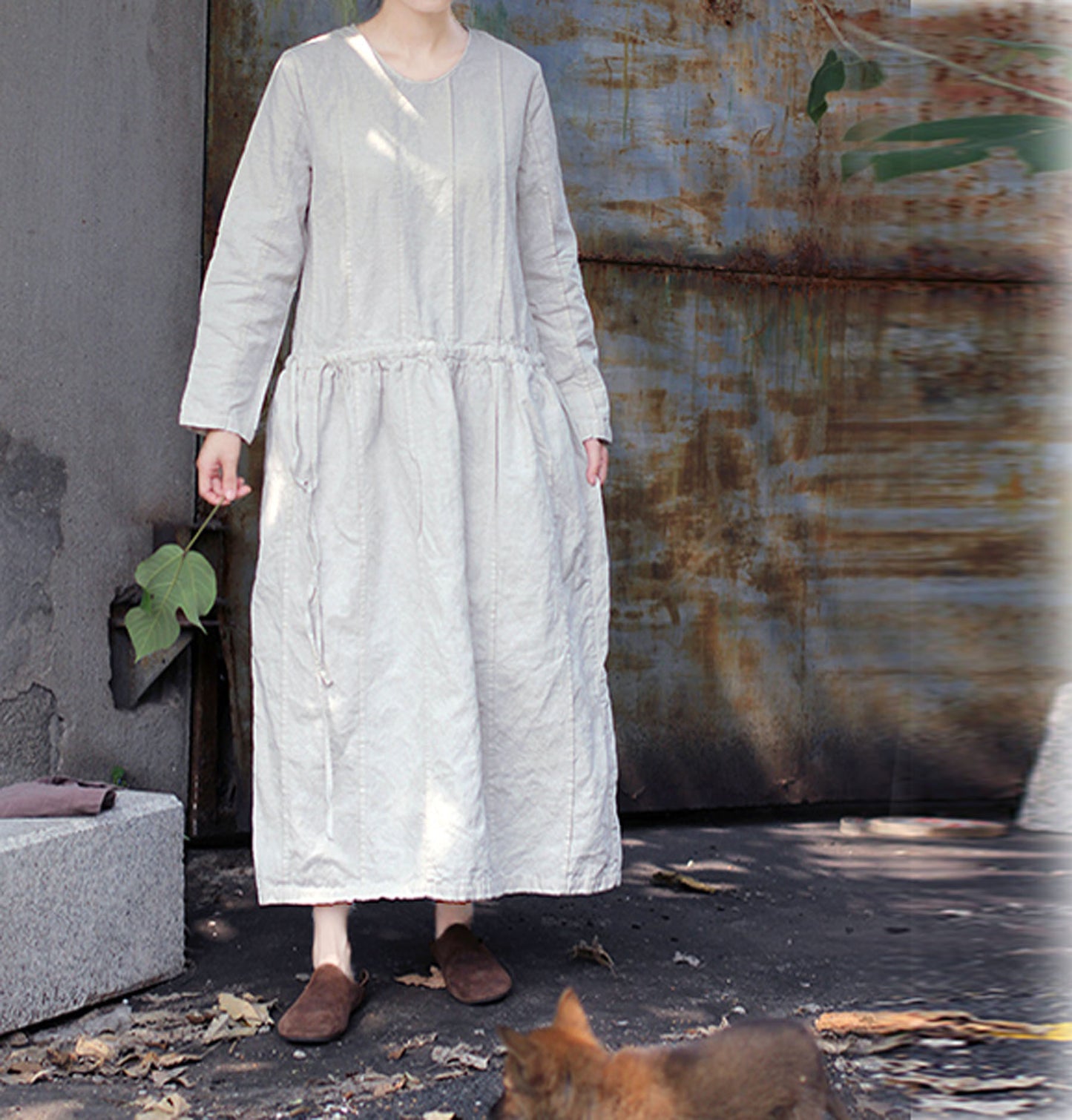edoa Hand Pintucked Pre-washed French Linen Dress
