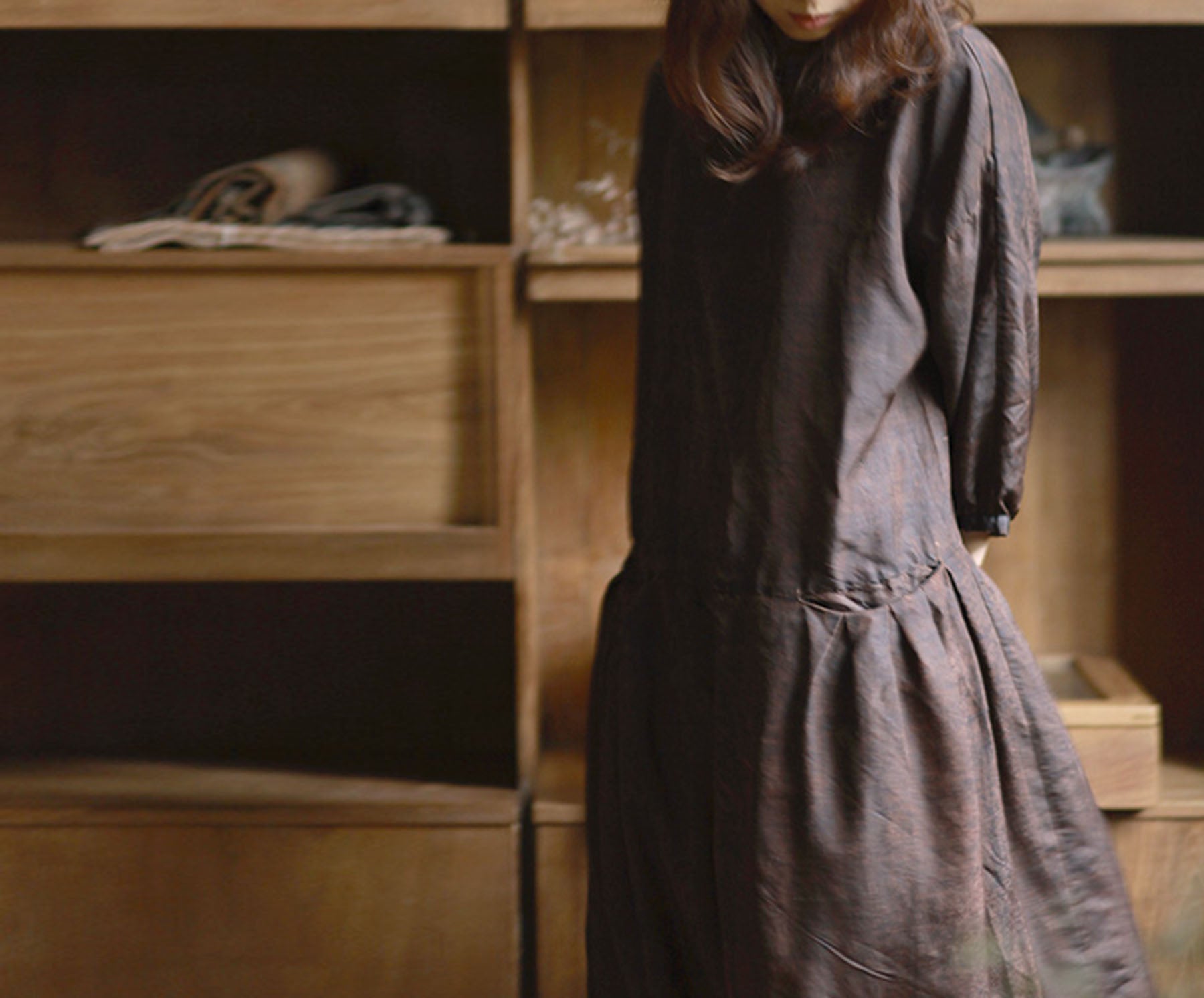 edoa Drop Waist Cracked Mud Silk 3/4 Sleeves Dress 