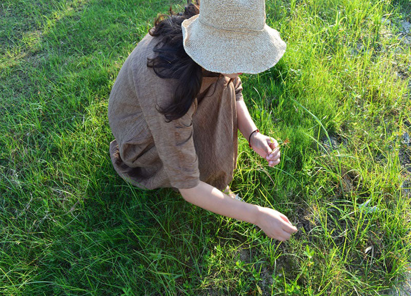 edoa Yarn dyed Linen Dress with Hand Embroidery 
