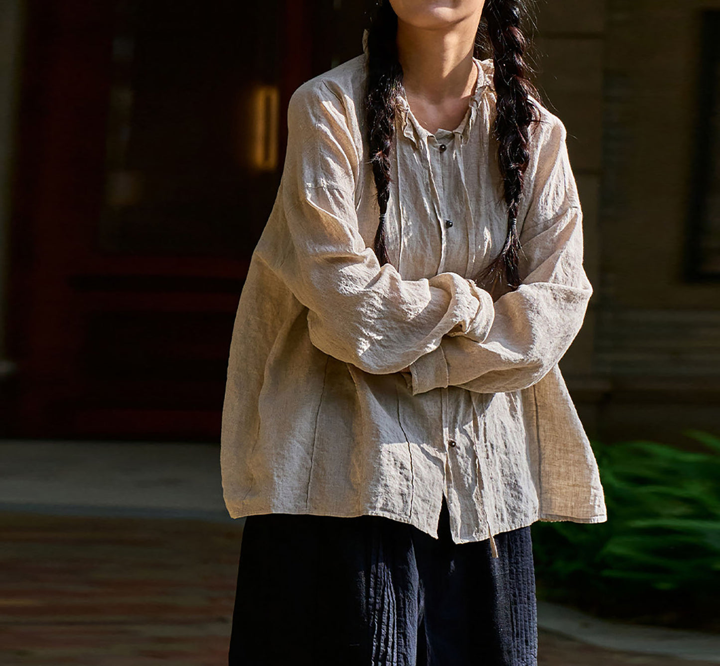 edoa Flax Linen Ruffled Collar Blouse with Pintucks