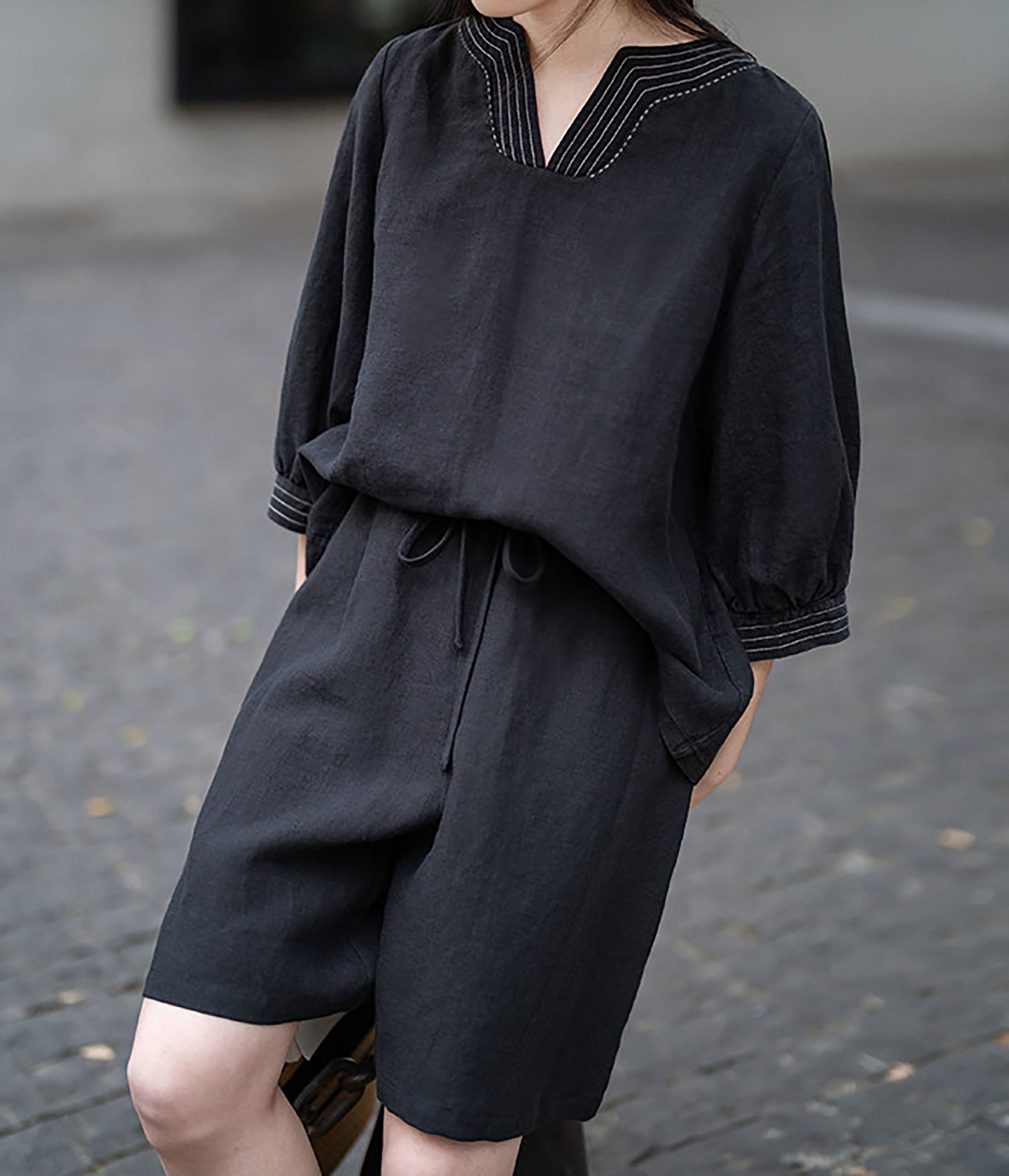 Loose Fitting Black Linen Shorts sr0004 Q713