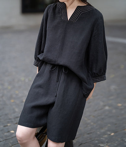 Loose Fitting Black Linen Shorts sr0004 Q713