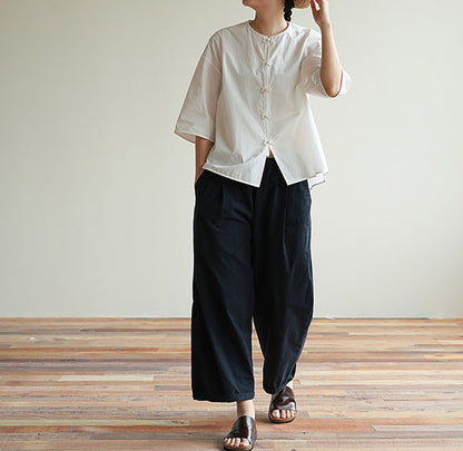 edoa 3/4 Sleeves Paper Cotton Round Neck Chinese Shirt 